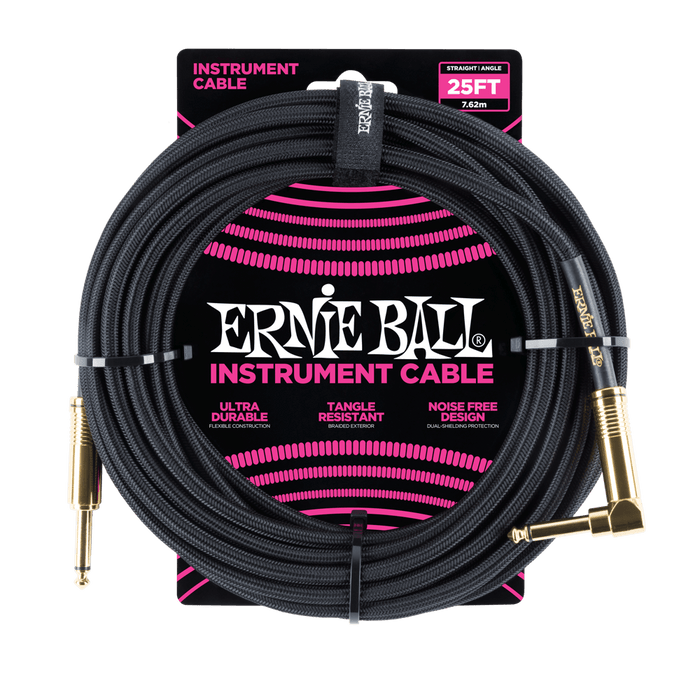 BRAIDED INSTRUMENT CABLE STRAIGHT/ANGLE 25FT - BLACK